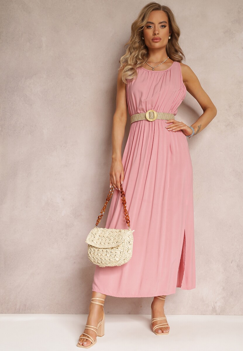 Fioletowa Wiskozowa Sukienka z Gumką w Talii Na Ramiączkach Suzias