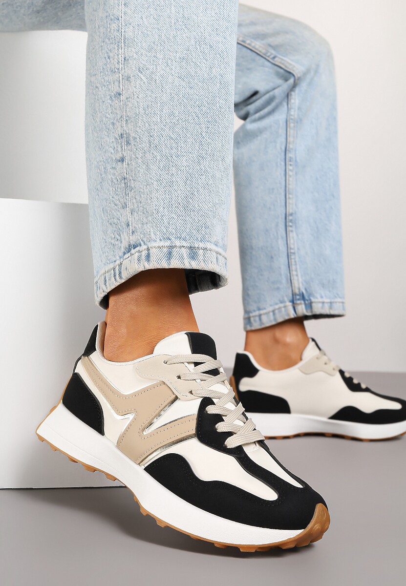 Czarno-Beżowe Sneakersy z Geometrycznym Wzorem Jenaviella