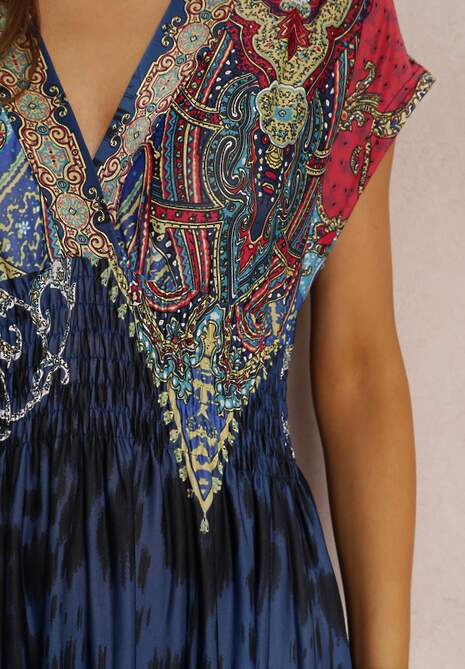Granatowa Sukienka o Kopertowym Kroju w Ornamentalny Print Nalori