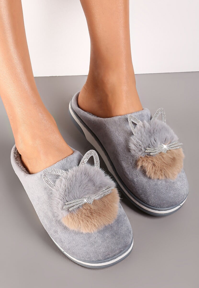 Szare Kapcie Futrzane z Kotkiem Leze