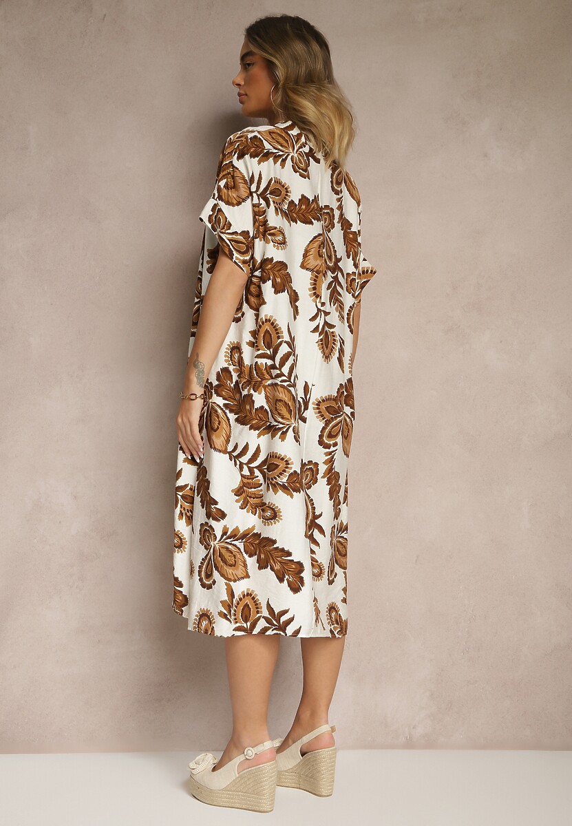 Brązowa Sukienka z Lnem i Wiskozą w Etniczne Kwiaty o Pudełkowym Kroju Natireia