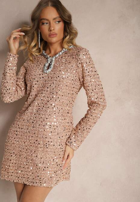 Beżowo-Złota Pudełkowa Sukienka Ozdobiona Cekinami Sewiella