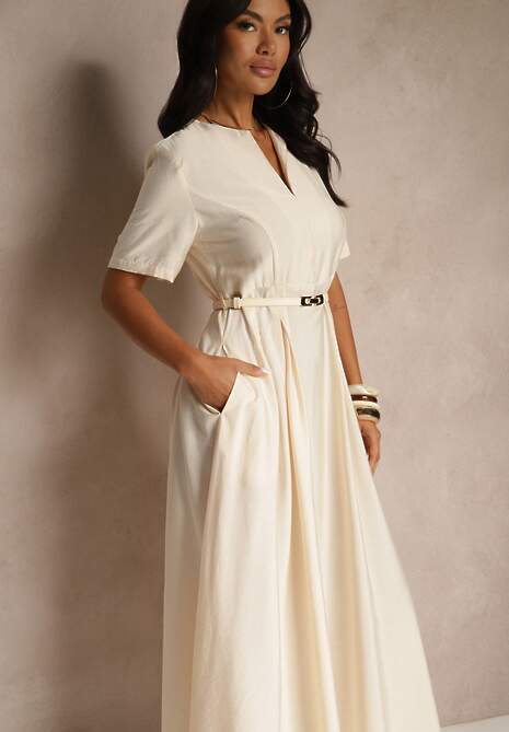 Beżowa Rozkloszowana Sukienka z Lnu i Wiskozy z Paskiem ze Sprzączką Linoretia