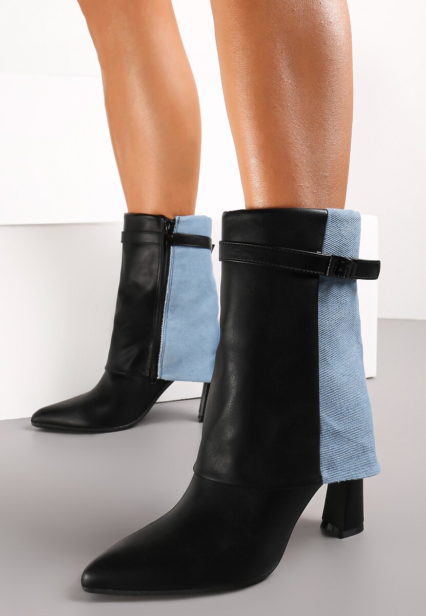 Czarne Botki na Słupku z Ekoskóry i Jeansu Acenda