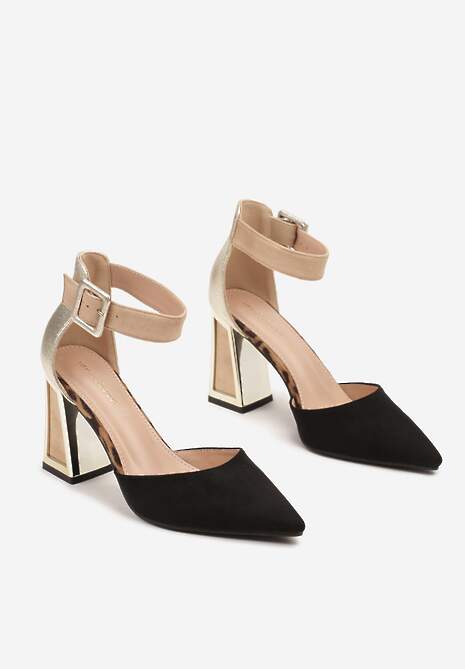 Czarno-Beżowe Czółenka na Stożku Ozdobione Paskiem Wokół Kostki i Metaliczną Aplikacją Tiliri