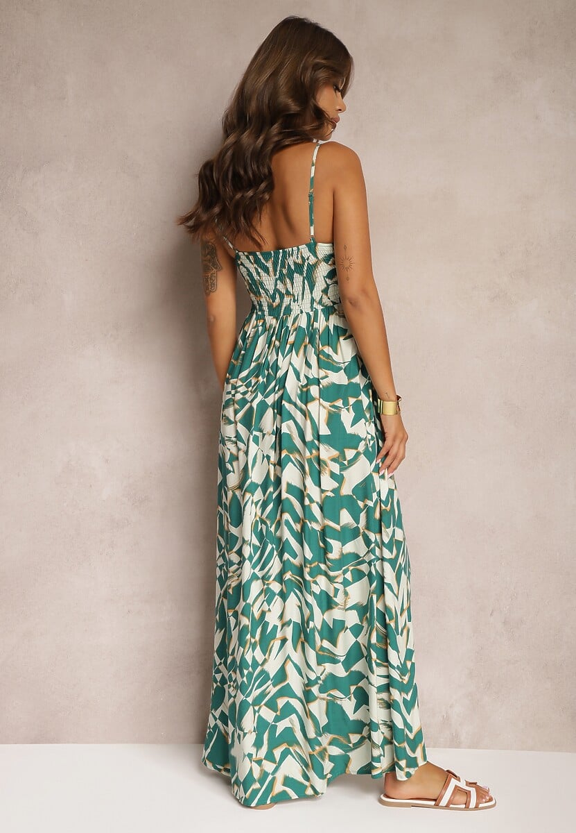 Zielono-Biała Wiskozowa Sukienka na Ramiączkach o Taliowanym Kroju Athelea