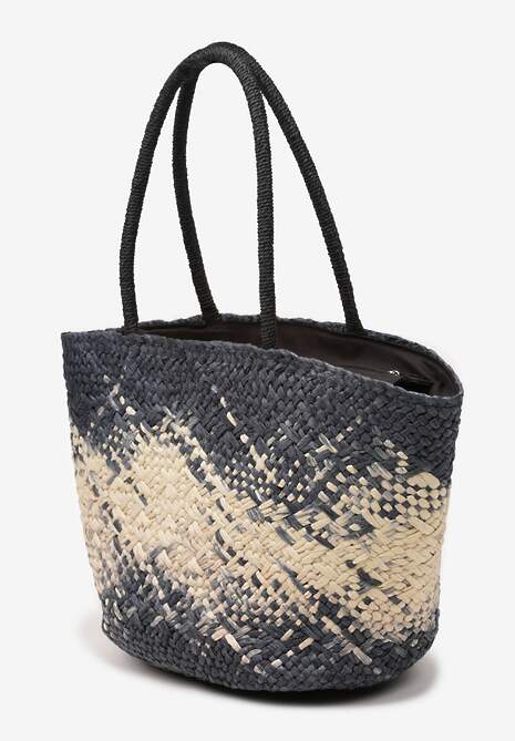Czarno-Beżowa Duża Torebka z Plecionki w Stylu Boho Zapinana na Zamek Błyskawiczny Noico