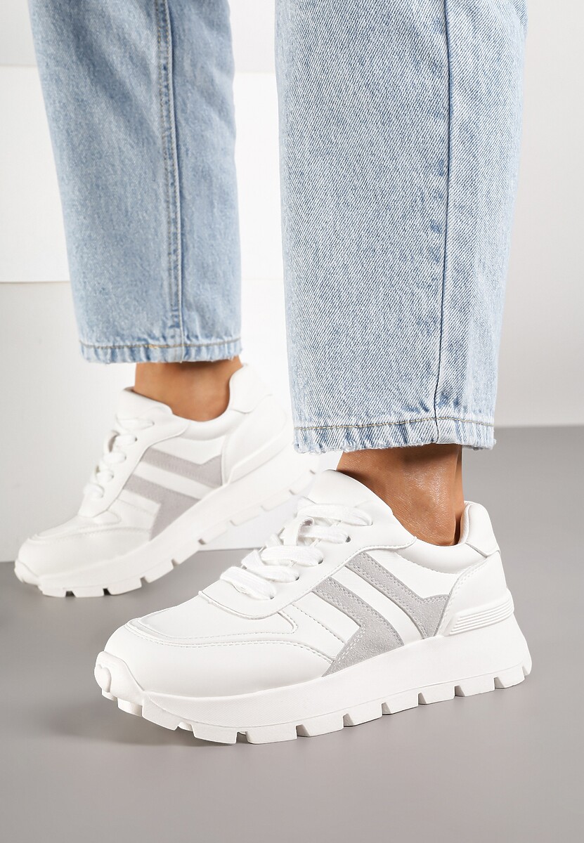 Biało-Szare Sneakersy na Grubej Podeszwie Zdobione Przeszyciami Lulline