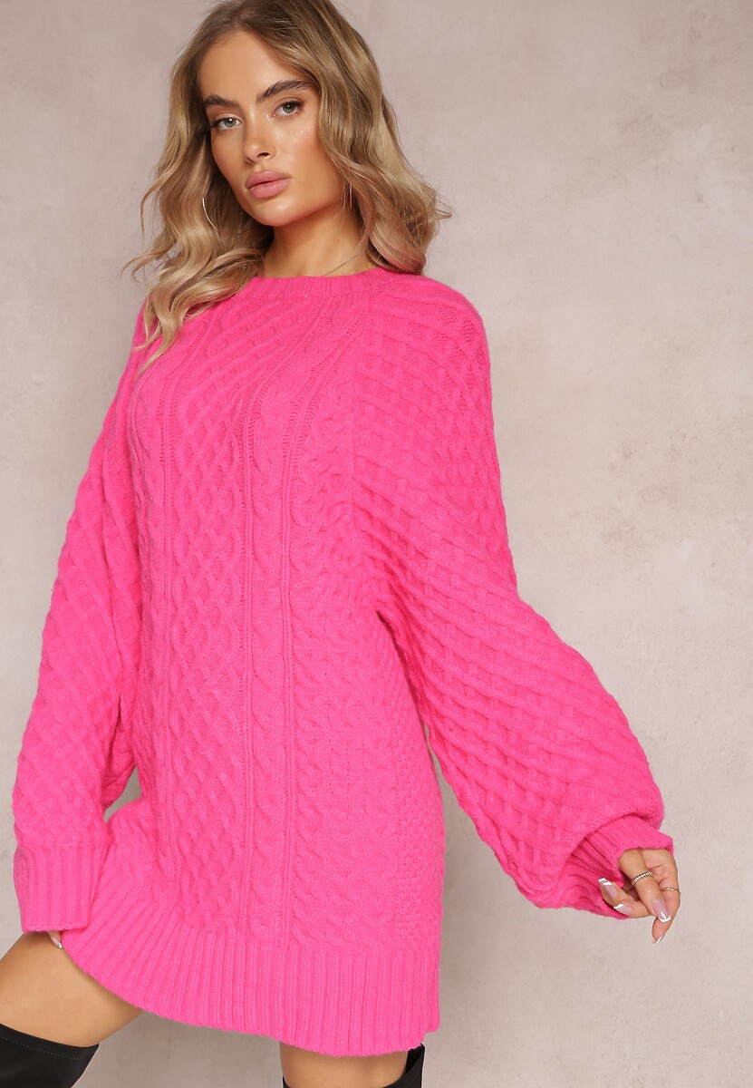 Fuksjowy Długi Sweter Ozdobiony Drobnym Splotem Killoe