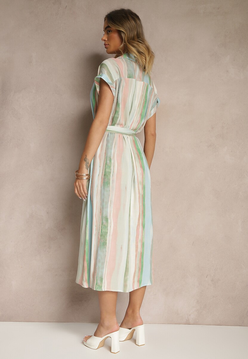 Niebiesko-Beżowa Wiskozowa Sukienka Koszulowa z Wiązanym Paskiem Iffema