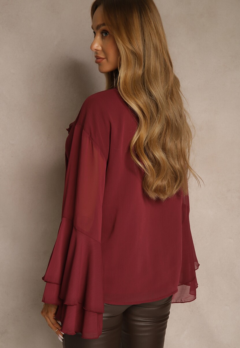 Bordowa Rustykalna Bluzka Zdobiona Falbankami i Wiązaniem przy Dekolcie Nerianna