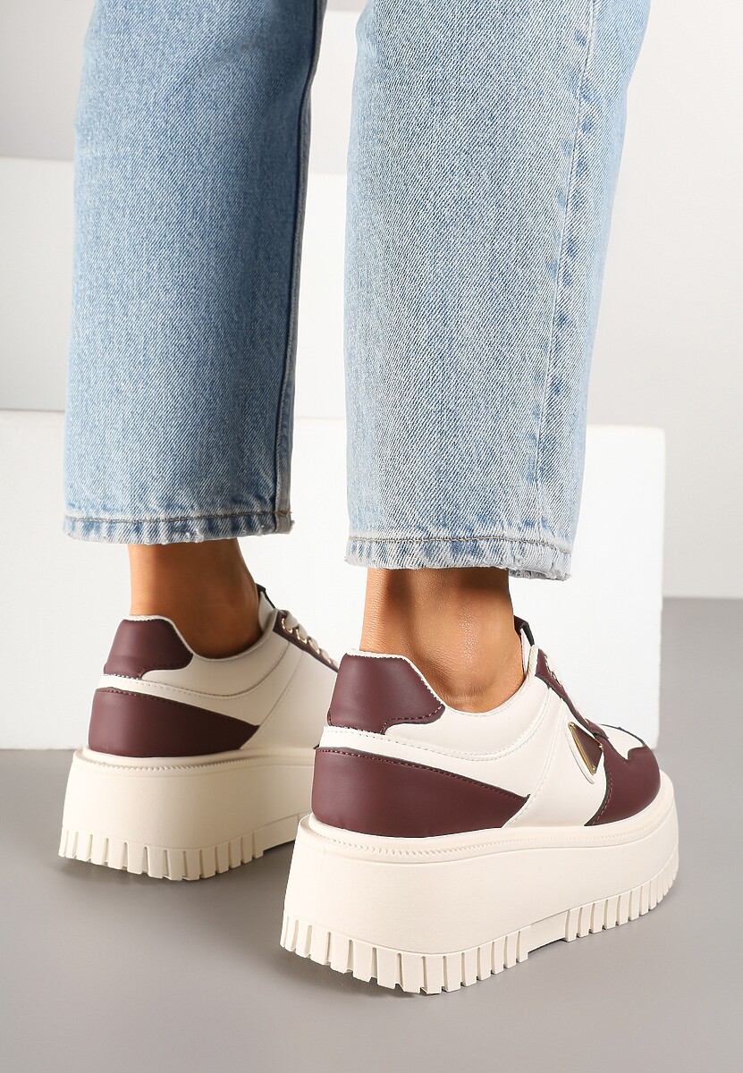 Beżowo-Bordowe Sneakersy na Platformie z Tłoczeniem Halinea