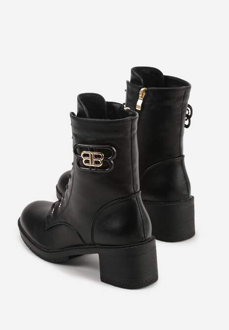 Czarne Botki Vices o Fasonie Trzewików na Słupku Zdobione Aplikacją Nuvitte