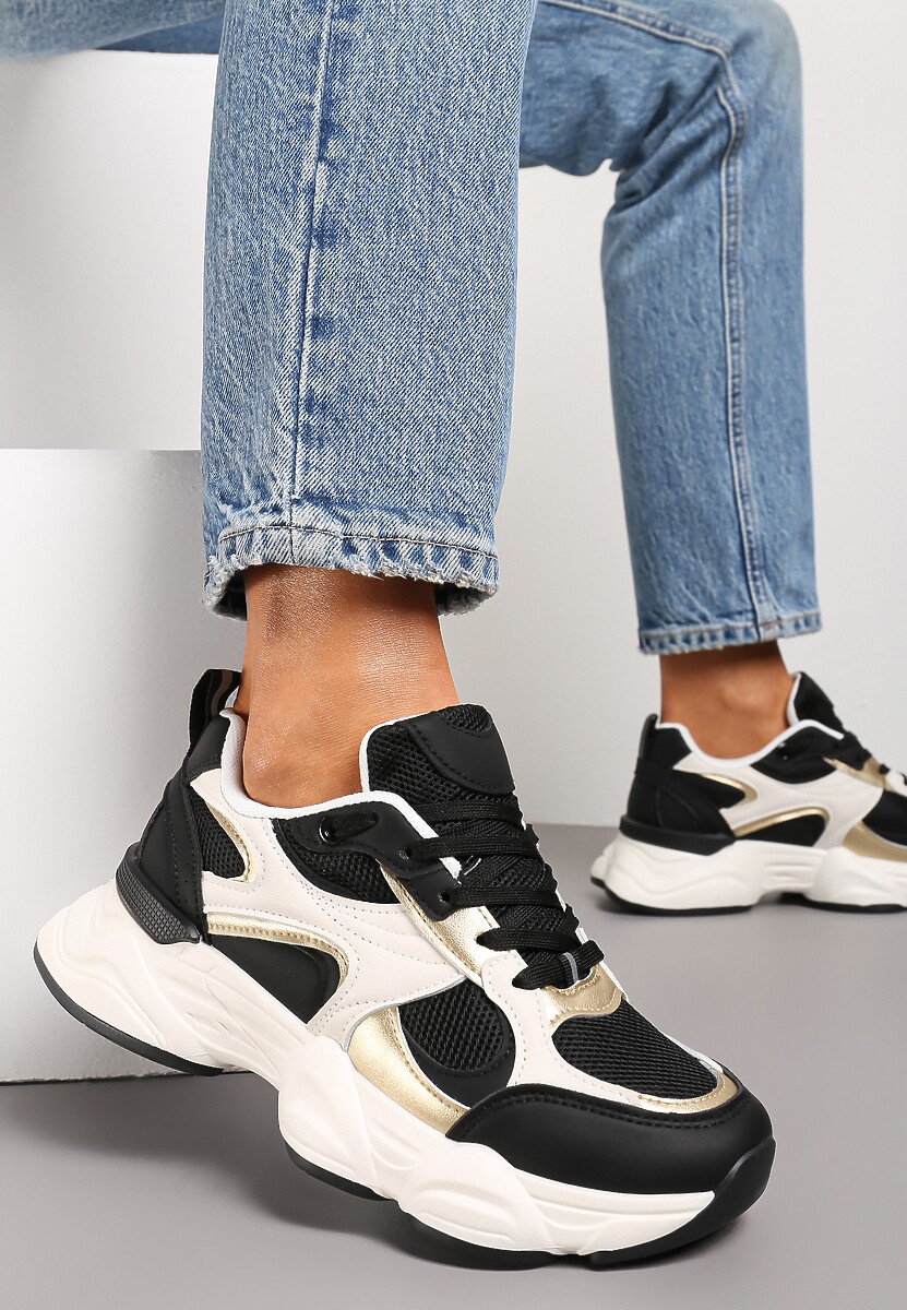 Biało-Czarne Sneakersy ze Wstawkami Metalicznymi i Siateczką na Grubej Podeszwie Riliera