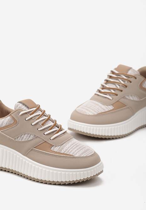 Ciemnobeżowe Sneakersy na Ozdobnej Grubej podeszwie z Brokatem Gelnia