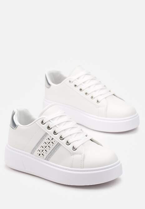 Biało-Srebrne Sneakersy przed Kostkę na Grubej Podeszwie Amelisa