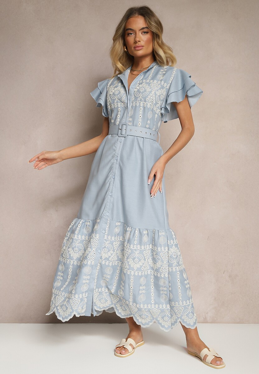 Niebieska Rozkloszowana Sukienka w Stylu Boho z Paskiem Zdobiona Haftem Falbanami Vallsara