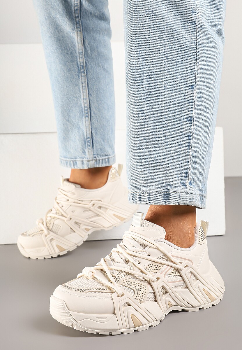 Beżowe Sneakersy na Platformie z Cyrkoniami i Geometrycznym Wzorem Lavivione