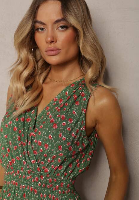 Zielona Kopertowa Sukienka z Wiskozy w Kwiaty Wykończona Gumką w Talii Innavia