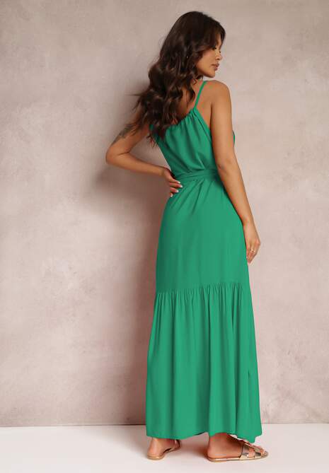 Zielona Rozkloszowana Sukienka na Ramiączkach z Wiązanym Paskiem Diadite