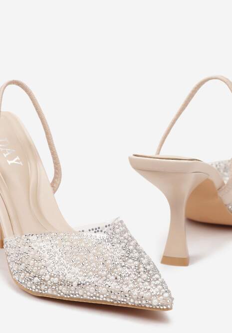 Beżowe Sandały na Szpilce z Przezroczystym Noskiem w Cekiny i Perły Niria