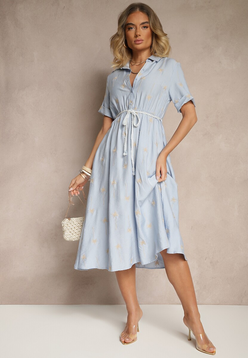 Niebieska Koszulowa Sukienka z Wiskozy o Rozkloszowanym Kroju z Wiązaniem Liselithra