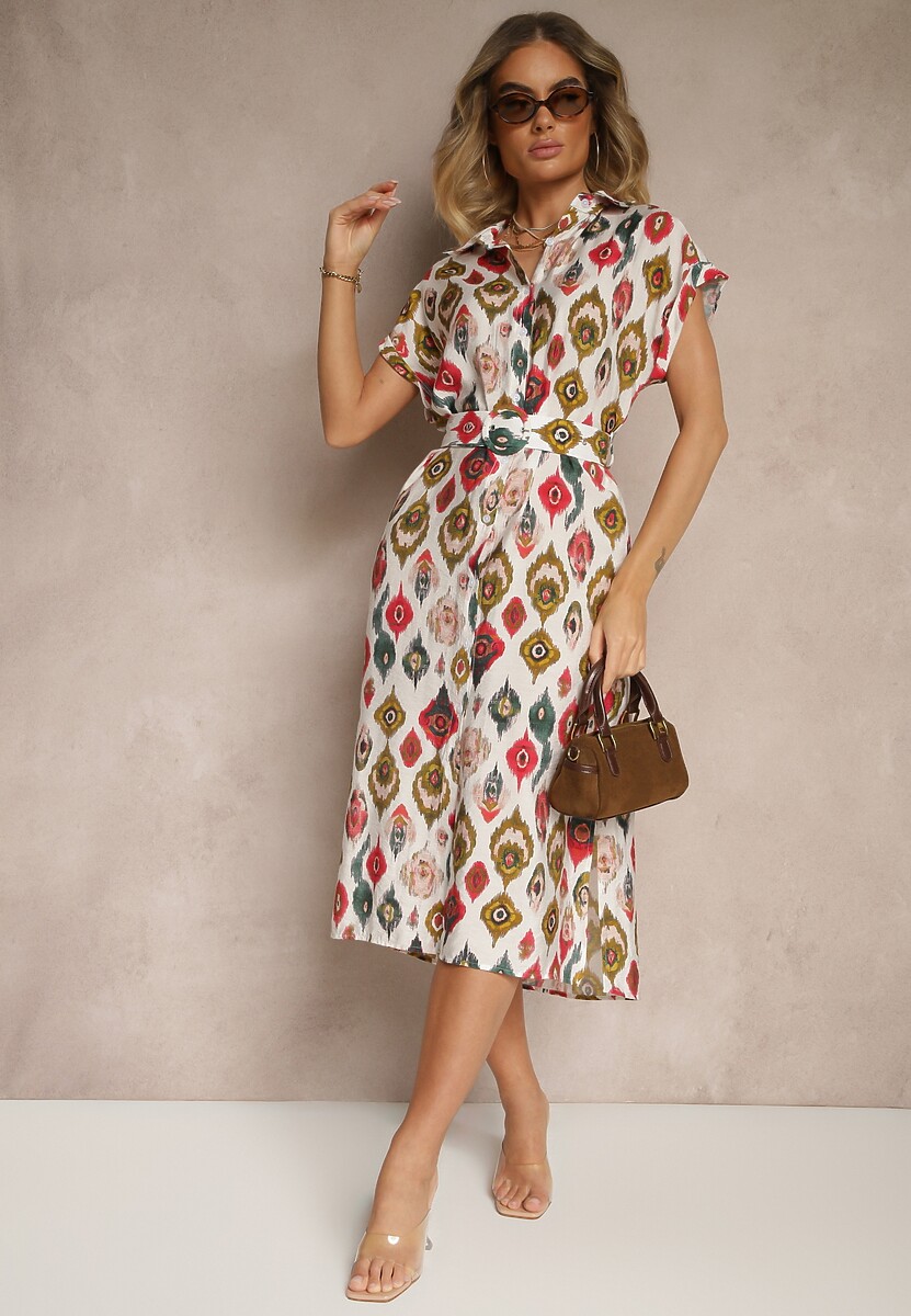 Beżowo-Zielona Sukienka z Wiskozą o Koszulowym Kroju z Paskiem z Klamrą w Etno Print Jenavianea