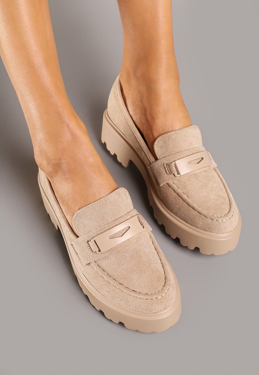 Ciemnobeżowe Mokasyny na Grubej Podeszwie z Cholewką z Przeszyciami Hamaira