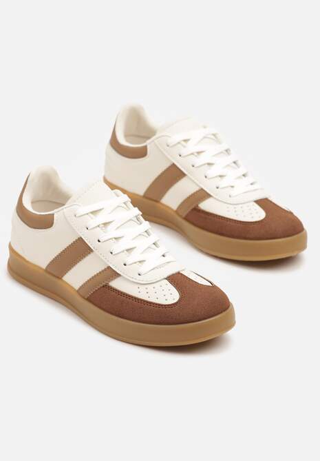 Beżowo-Białe Sneakersy w Stylu Klasycznych Tenisówek Zdobione Przeszyciami Ivelfia