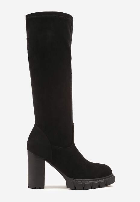 Czarne Kozaki z Imitacji Zamszu na Obcasie Typu Słupek Rilaresa