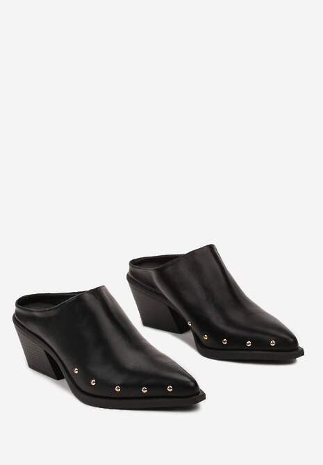 Czarne Klapki Mule w Szpic na Słupku Ozdobione Nitami Esalena