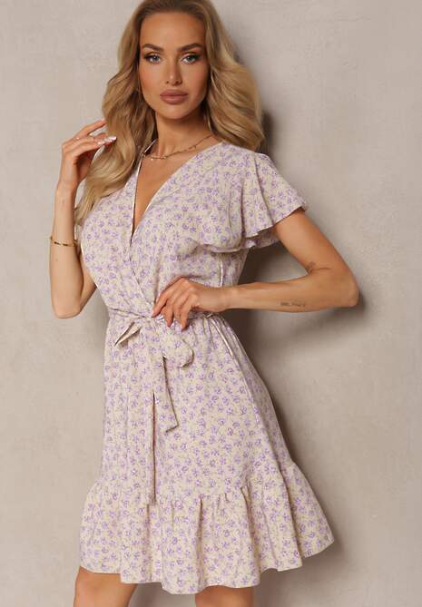 Beżowo-Fioletowa Kwiecista Sukienka z Falbankami z Gumką w Talii i Materiałowym Paskiem Nannesa