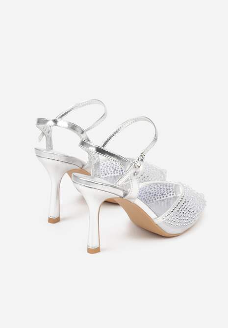 Srebrne Eleganckie Sandały na Szpilce Ozdobione Cyrkoniami  Viofera