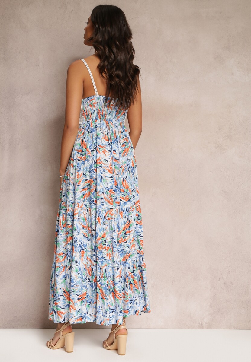 Niebieska Kwiecista Sukienka Maxi z Szydełkową Górą i Cienkimi Ramiączkami z Wiskozy Zanidora