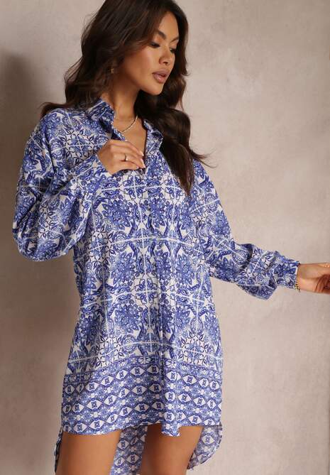 Niebieska Sukienka Mini z Kołnierzykiem i Przedłużanym Tyłem Haranobu