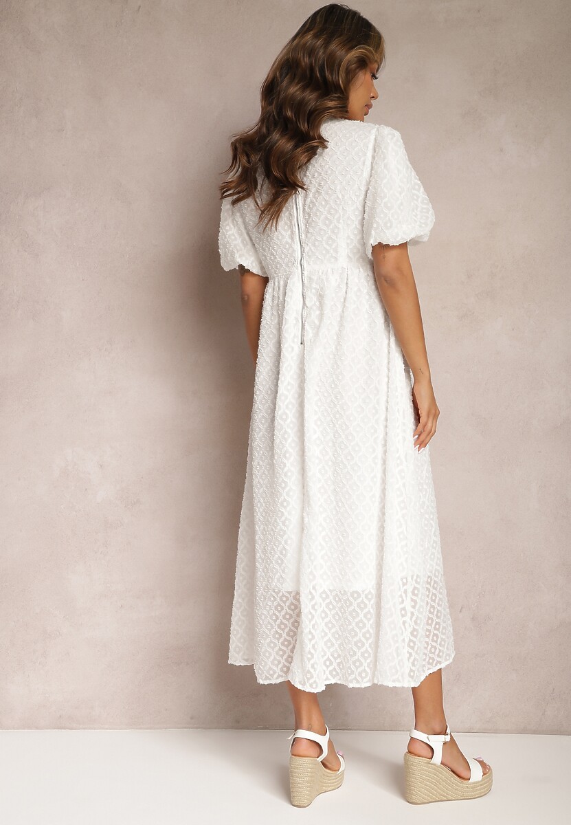 Biała Rozkloszowana Sukienka Haftowana Maxi z Krótkim Rękawem Garneta
