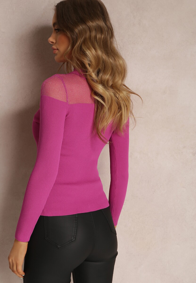 Fuksjowy Sweter Półgolf z Przezroczystym Dekoltem Taikaroa