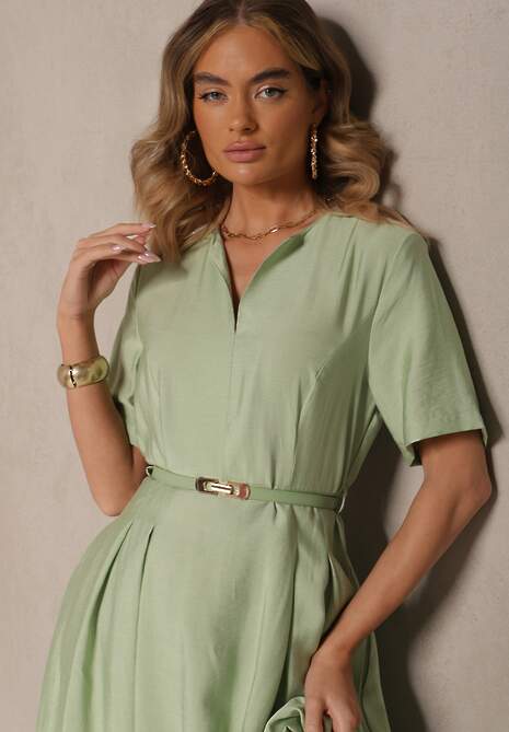 Zielona Rozkloszowana Sukienka z Lnu i Wiskozy z Paskiem ze Sprzączką Linoretia