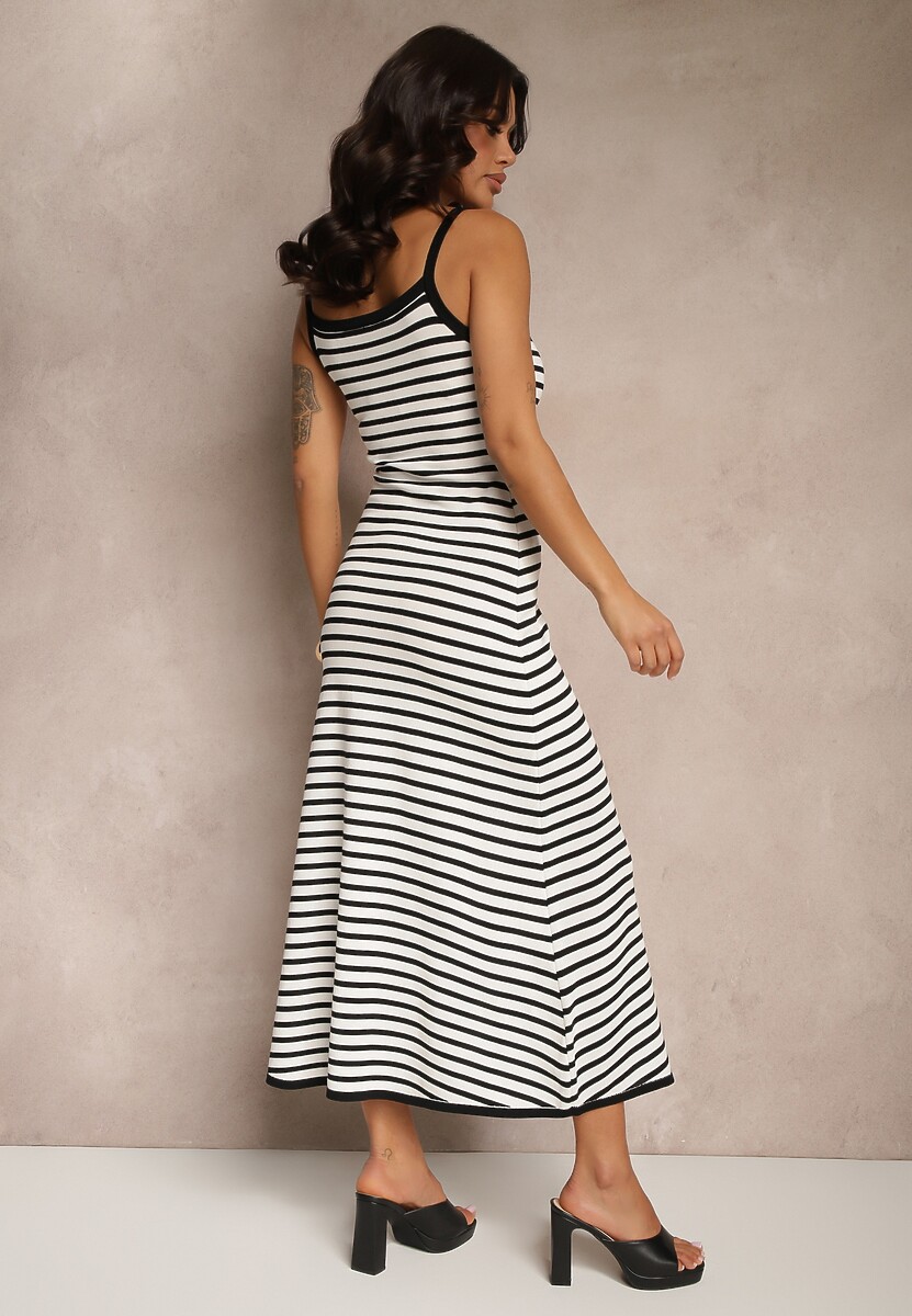 Biała Sukienka z Wiskozy na Ramiączkach Zdobiona Printem w Prążki Zalirana