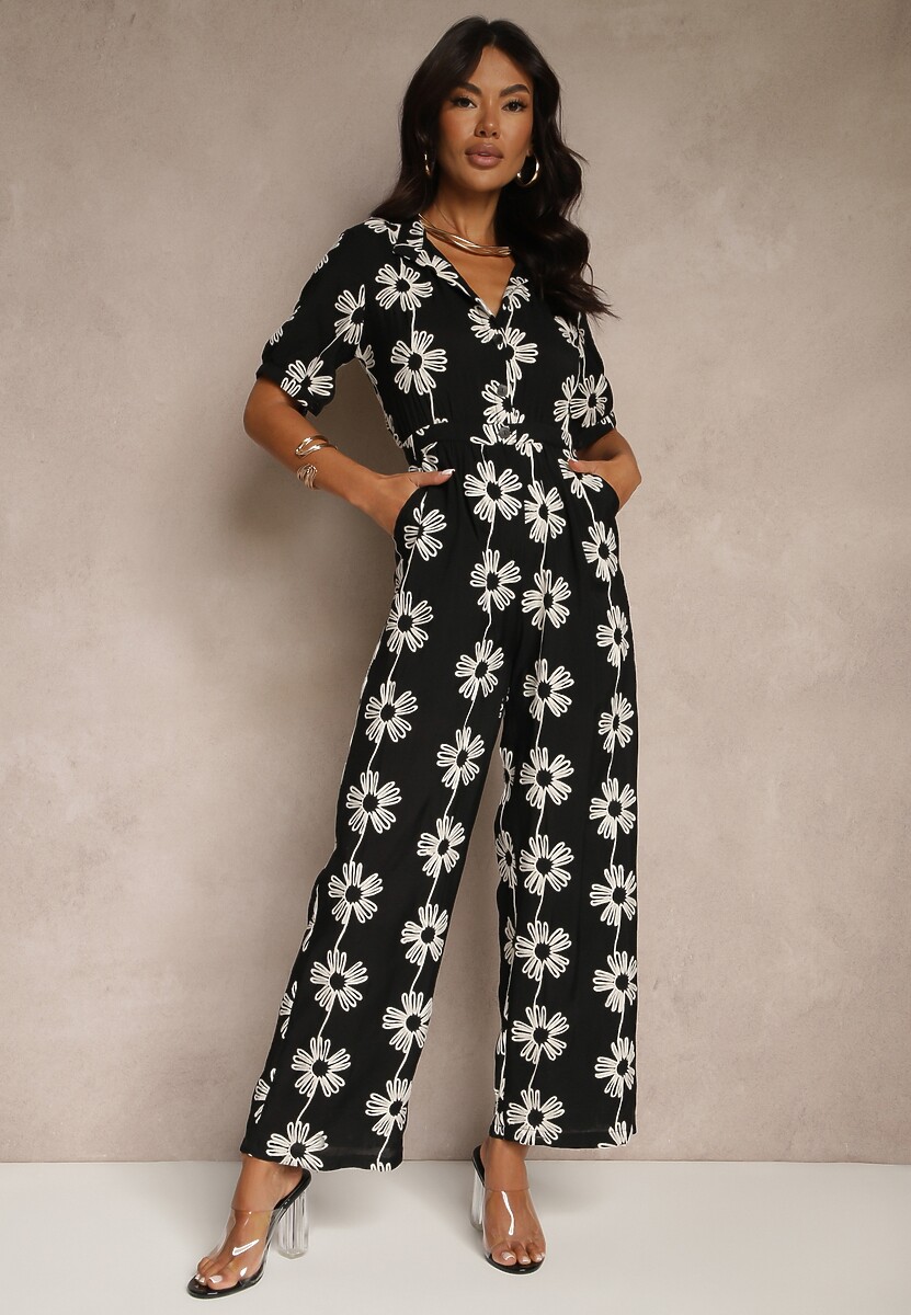 Czarny Koszulowy Kombinezon z Wiskozy z Krótkim Rękawem i Wsuwanymi Kieszeniami Miliane