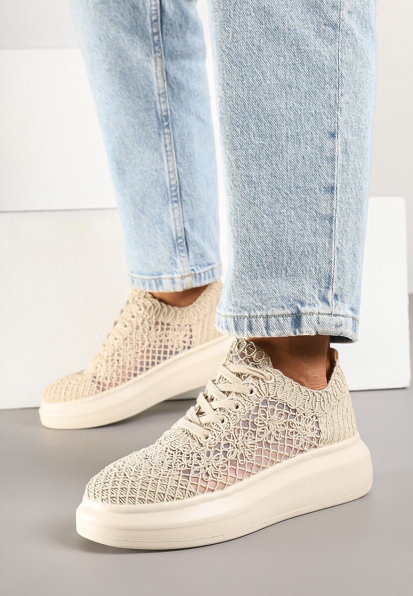 Beżowe Sneakersy Typu Tenisówki z Ażurową Cholewką i Skórzaną Wkładką Sonelis