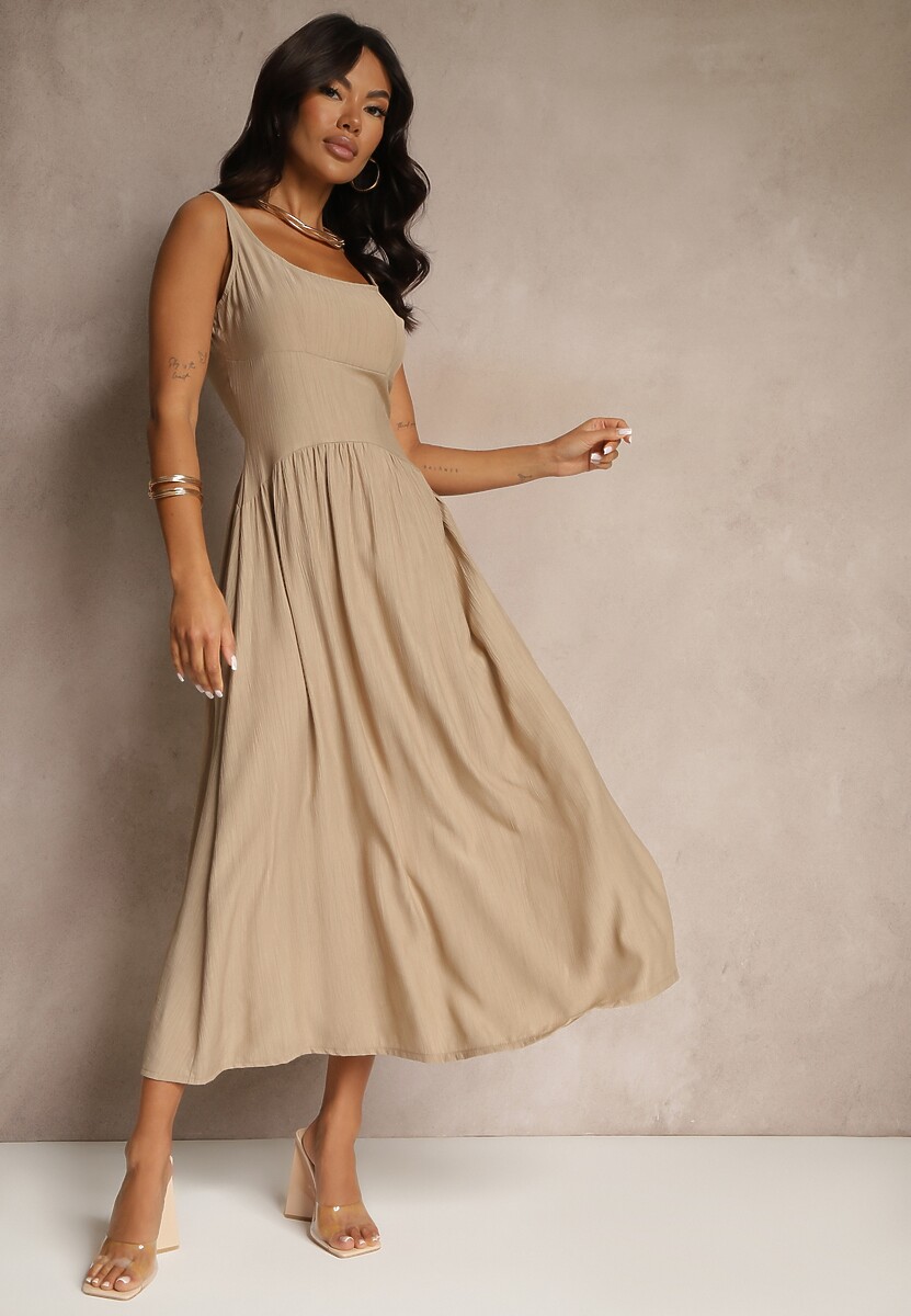 Ciemnobeżowa Rozkloszowana Sukienka z Wiskozy Milunisa