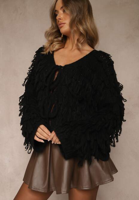 Czarny Kardigan z Wiązaniem i Frędzlami z Domieszką Wełny i Wiskozy Tiseana