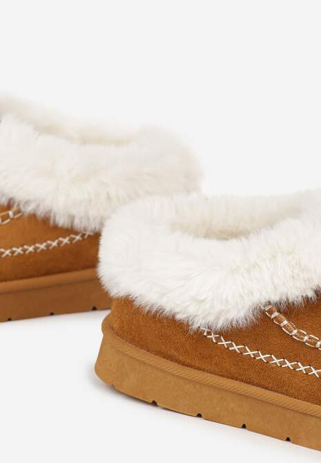 Brązowe Śniegowce na Platformie Ozdobione Haftem i Futerkiem Linedis