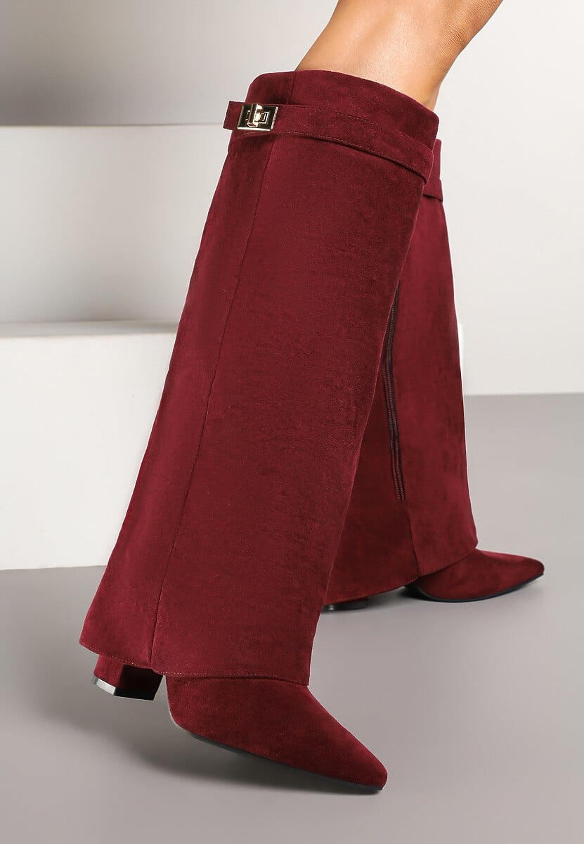 Bordowe Kozaki na Słupku z Wywiniętą Cholewką i Klamerką Upaxa