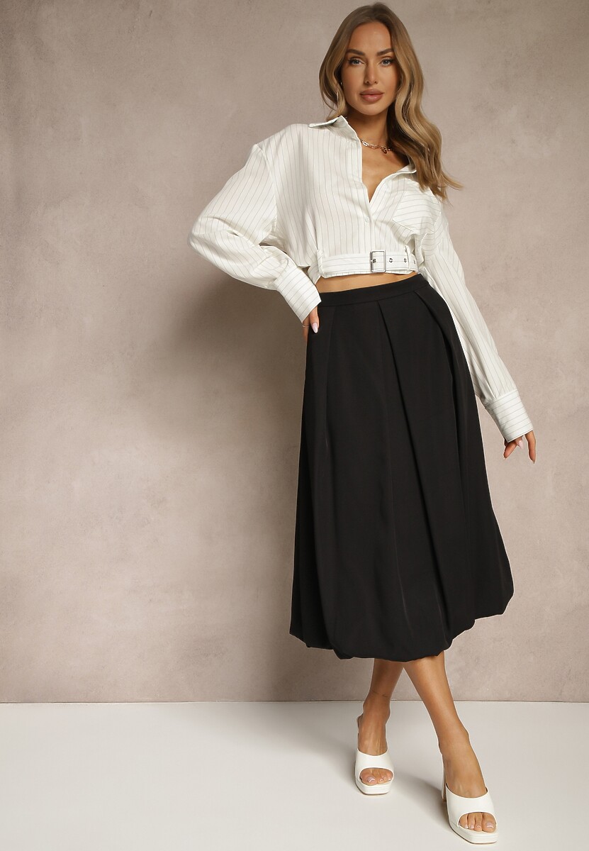 Czarna Rozkloszowana Spódnica z Wiskozą Zdobiona Zakładkami Volnira