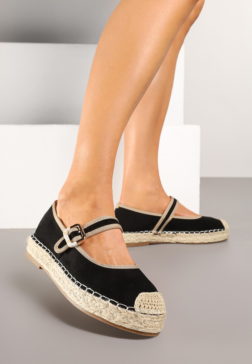 Czarne Espadryle Ozdobione Plecionką i Paskiem Olirane