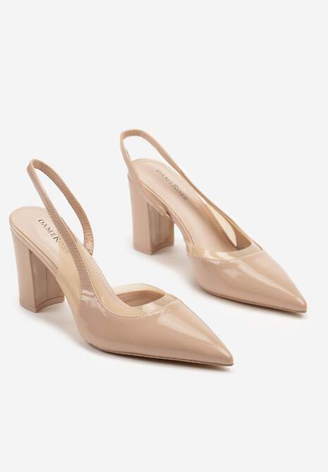 Beżowe Sandały Lakierowane na Słupku typu Slingback Dralzedi