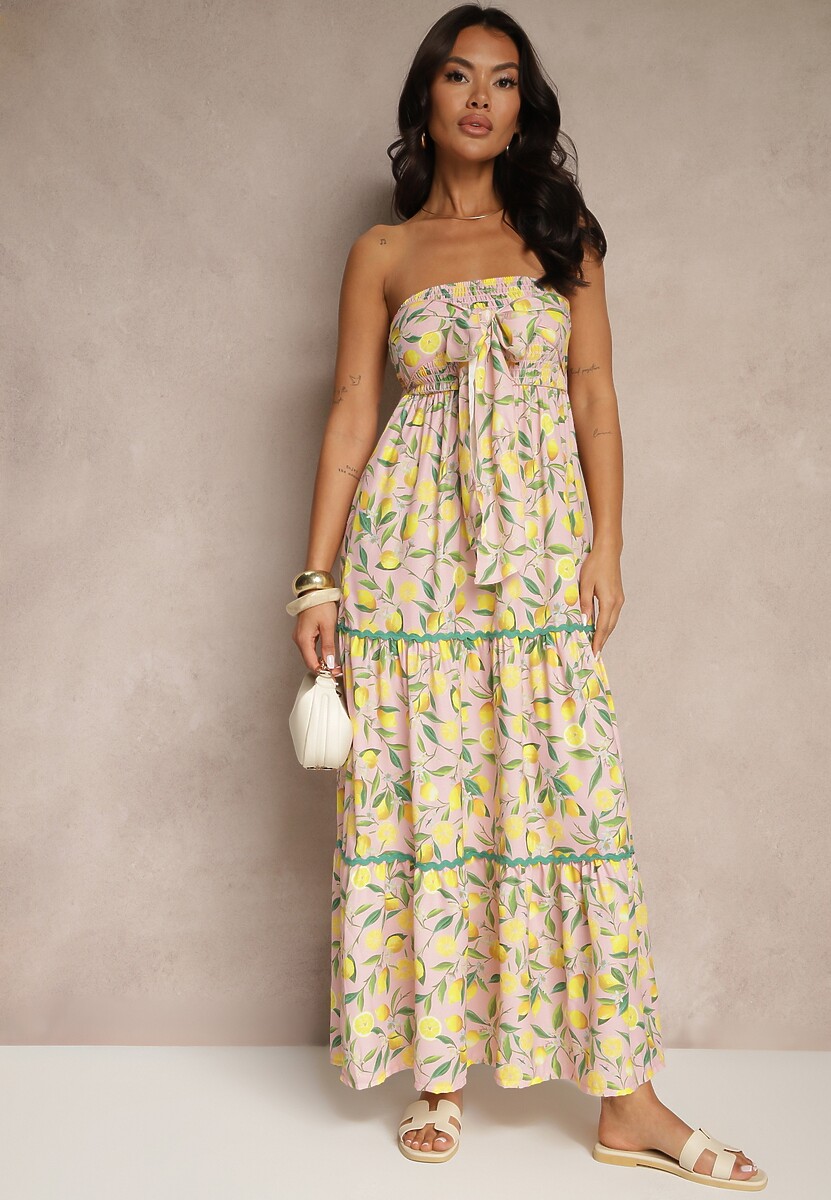 Różowa Sukienka Ozdobiona Kokardą i Motywem Cytryn Galionea