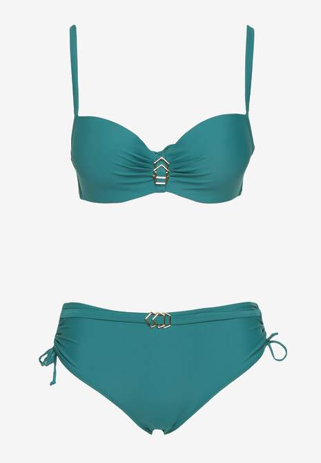 Ciemnozielone Bikini Majtki Typu Figi i Biustonosz z Metalicznymi Ozdobami Kinasara